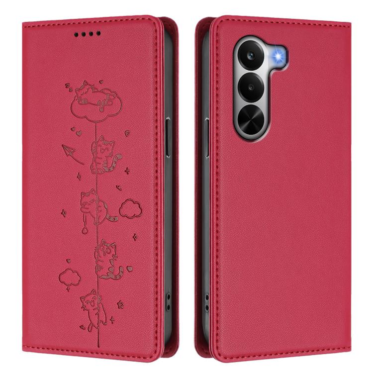 For Realme P4x 5G Cute Cats Embossed Magnetic RFID Vegan Leather Phone Case