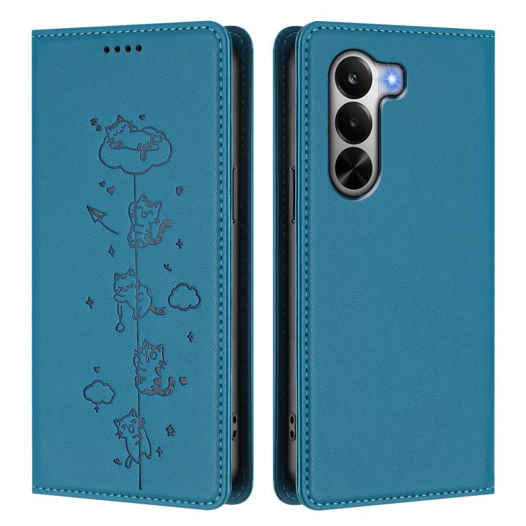 For Realme P4x 5G Cute Cats Embossed Magnetic RFID Vegan Leather Phone Case