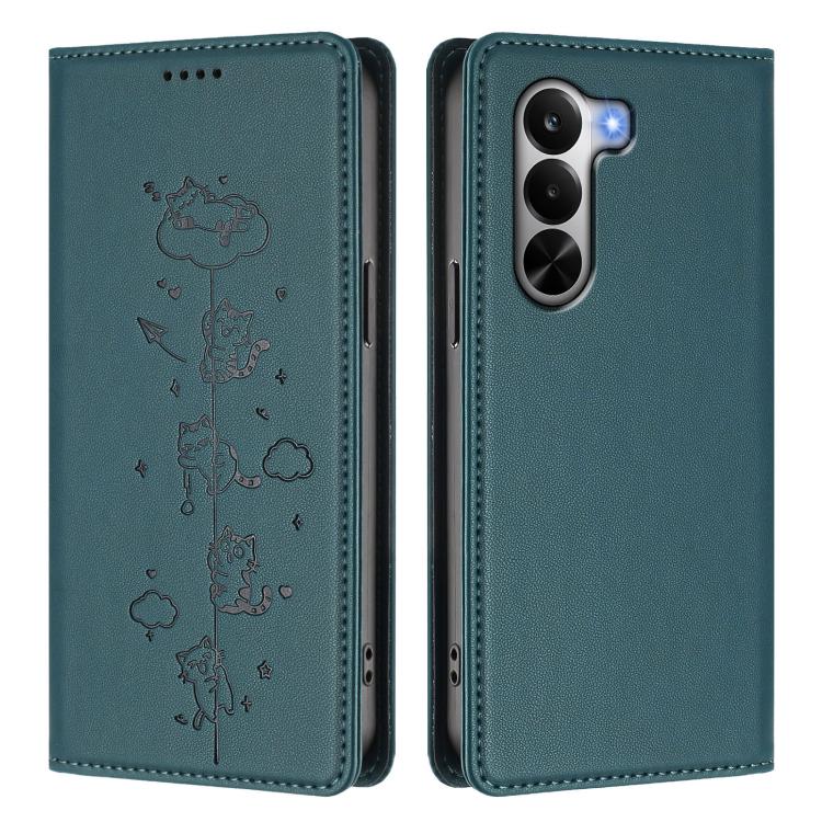 For Realme P4x 5G Cute Cats Embossed Magnetic RFID Vegan Leather Phone Case