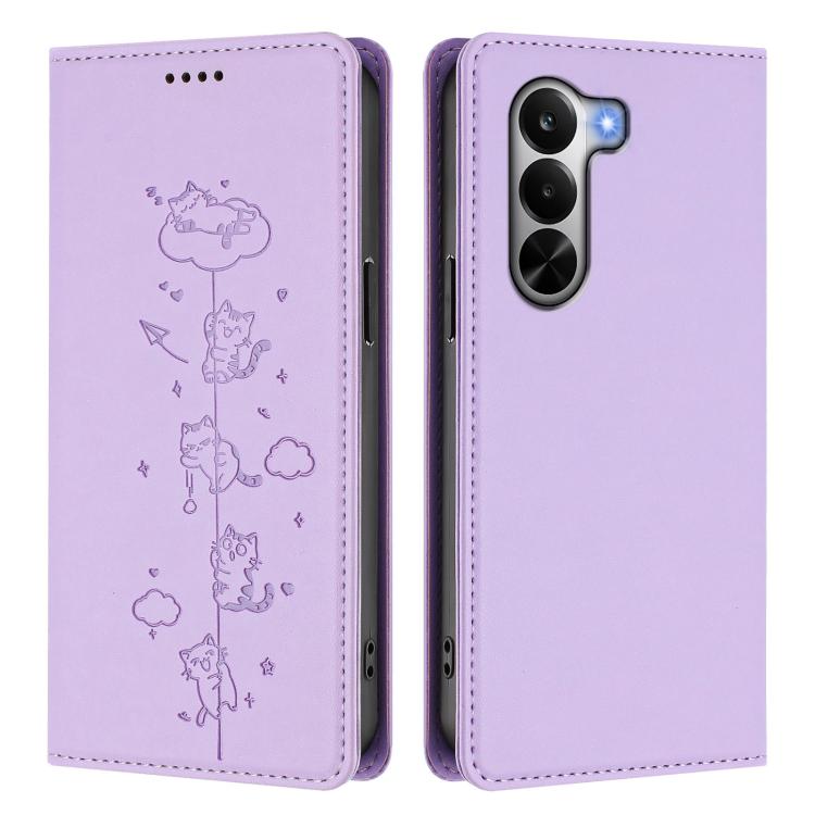 For Realme P4x 5G Cute Cats Embossed Magnetic RFID Vegan Leather Phone Case
