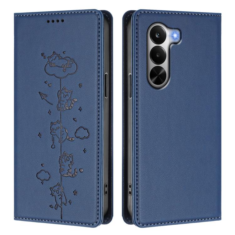 For Realme P4x 5G Cute Cats Embossed Magnetic RFID Vegan Leather Phone Case