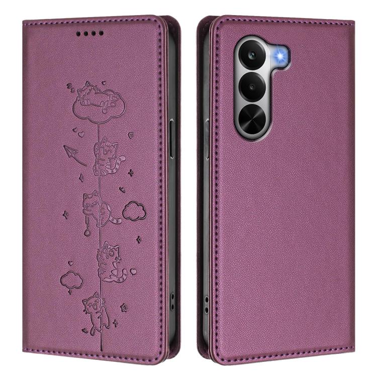 For Realme P4x 5G Cute Cats Embossed Magnetic RFID Vegan Leather Phone Case