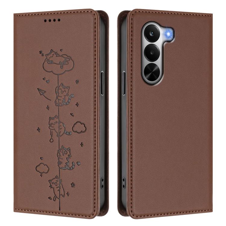 For Realme P4x 5G Cute Cats Embossed Magnetic RFID Vegan Leather Phone Case