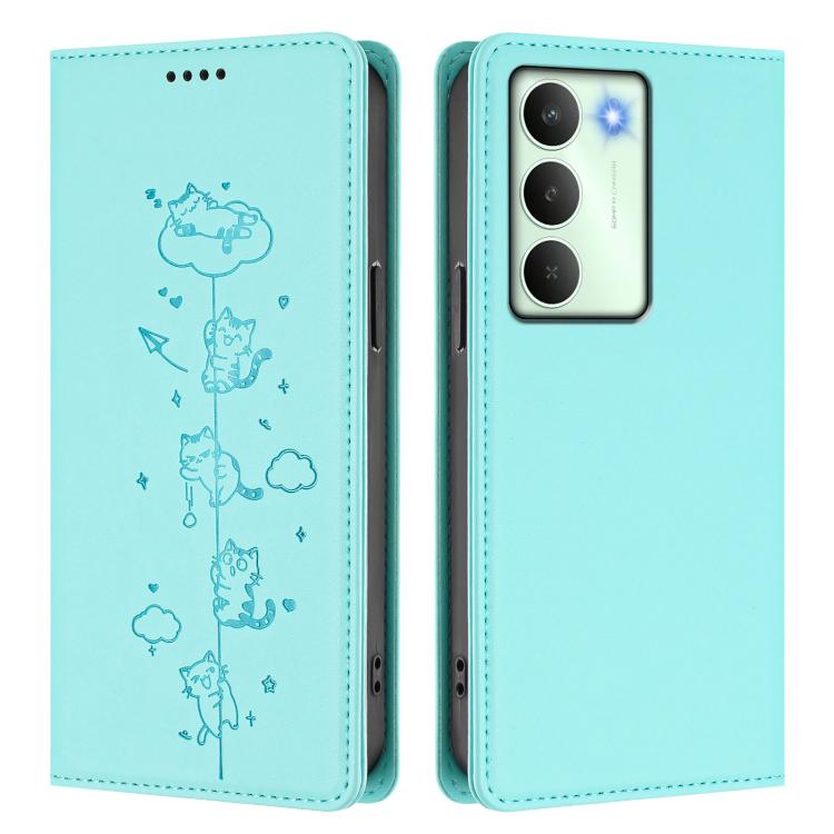 For Realme 14x / C75 5G / V70 Cute Cats Embossed Magnetic RFID Vegan Leather Phone Case