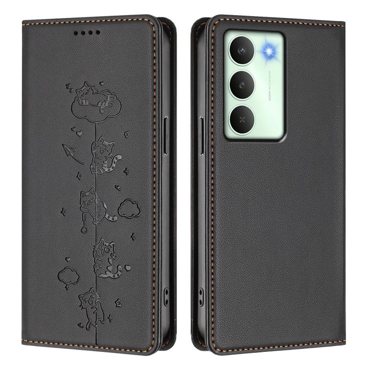 For Realme 14x / C75 5G / V70 Cute Cats Embossed Magnetic RFID Vegan Leather Phone Case