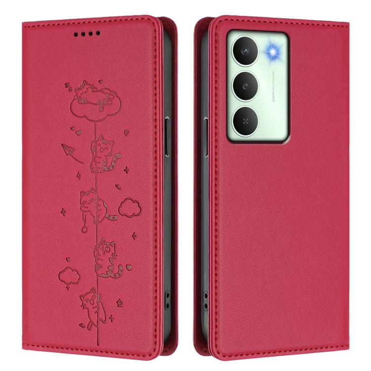 For Realme 14x / C75 5G / V70 Cute Cats Embossed Magnetic RFID Vegan Leather Phone Case