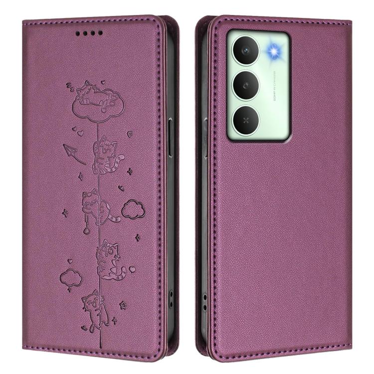 For Realme 14x / C75 5G / V70 Cute Cats Embossed Magnetic RFID Vegan Leather Phone Case
