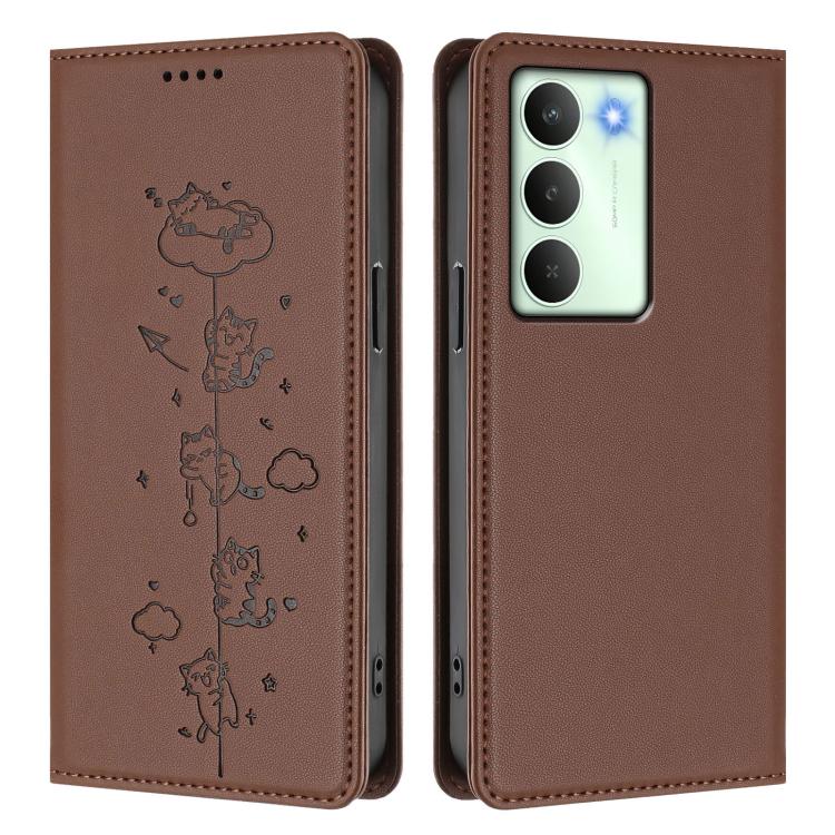 For Realme 14x / C75 5G / V70 Cute Cats Embossed Magnetic RFID Vegan Leather Phone Case