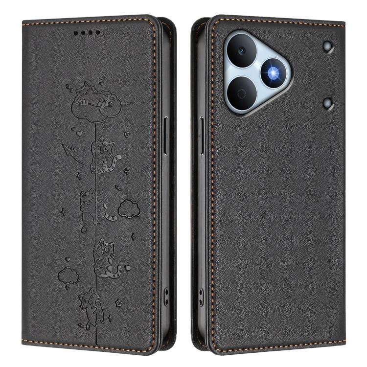 For Realme Note 80 4G Cute Cats Embossed Magnetic RFID Vegan Leather Phone Case