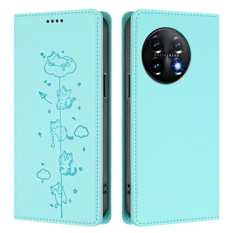 For OnePlus 11 Cute Cats Embossed Magnetic RFID Vegan Leather Phone Case