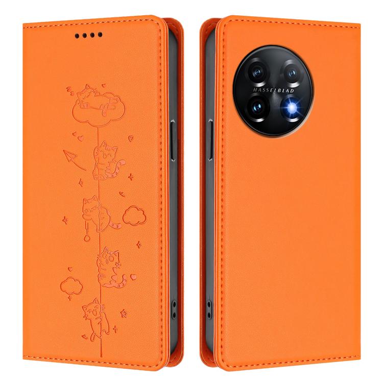 For OnePlus 11 Cute Cats Embossed Magnetic RFID Vegan Leather Phone Case