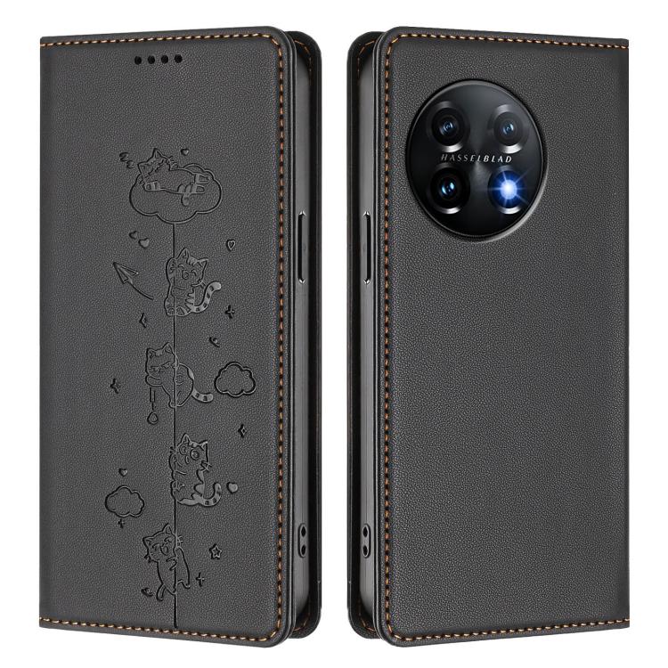 For OnePlus 11 Cute Cats Embossed Magnetic RFID Vegan Leather Phone Case