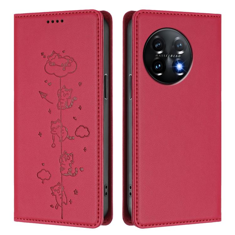 For OnePlus 11 Cute Cats Embossed Magnetic RFID Vegan Leather Phone Case