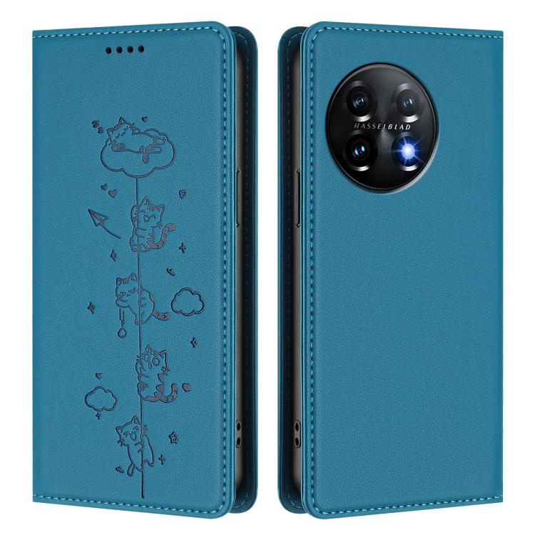 For OnePlus 11 Cute Cats Embossed Magnetic RFID Vegan Leather Phone Case
