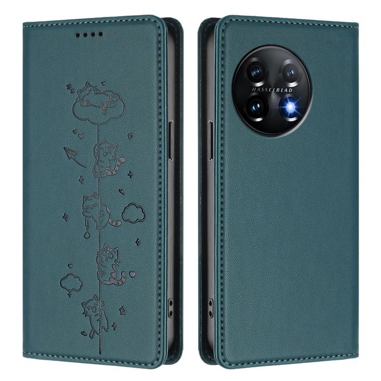 For OnePlus 11 Cute Cats Embossed Magnetic RFID Vegan Leather Phone Case