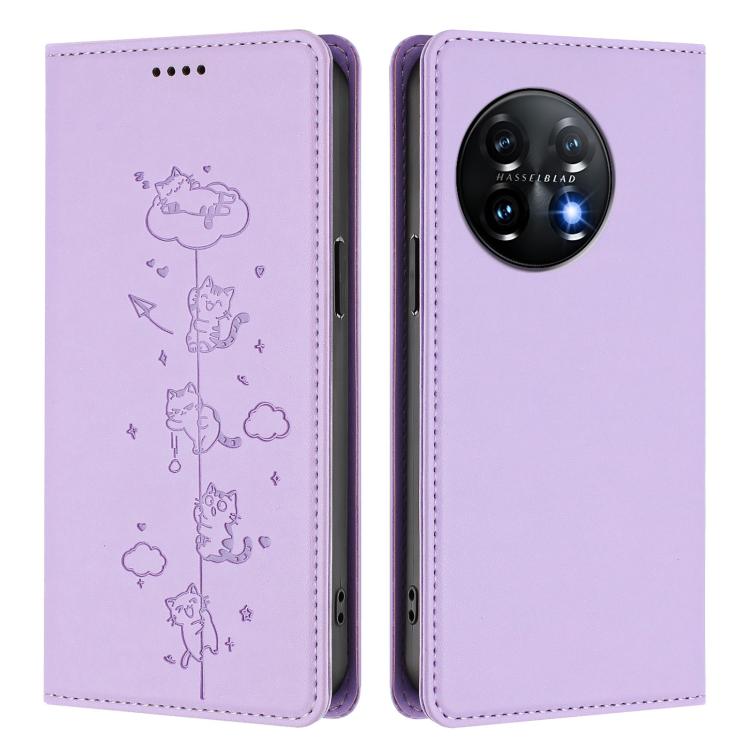 For OnePlus 11 Cute Cats Embossed Magnetic RFID Vegan Leather Phone Case