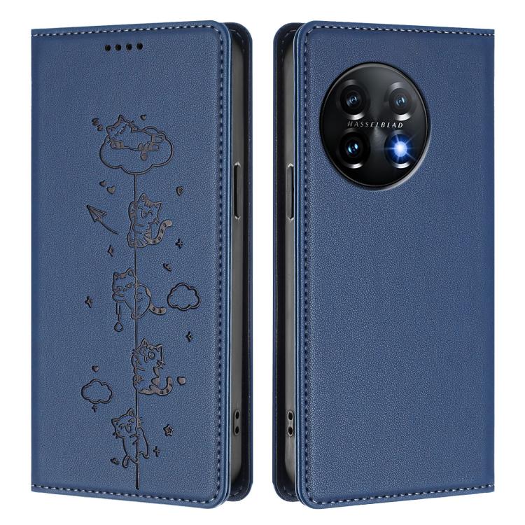For OnePlus 11 Cute Cats Embossed Magnetic RFID Vegan Leather Phone Case