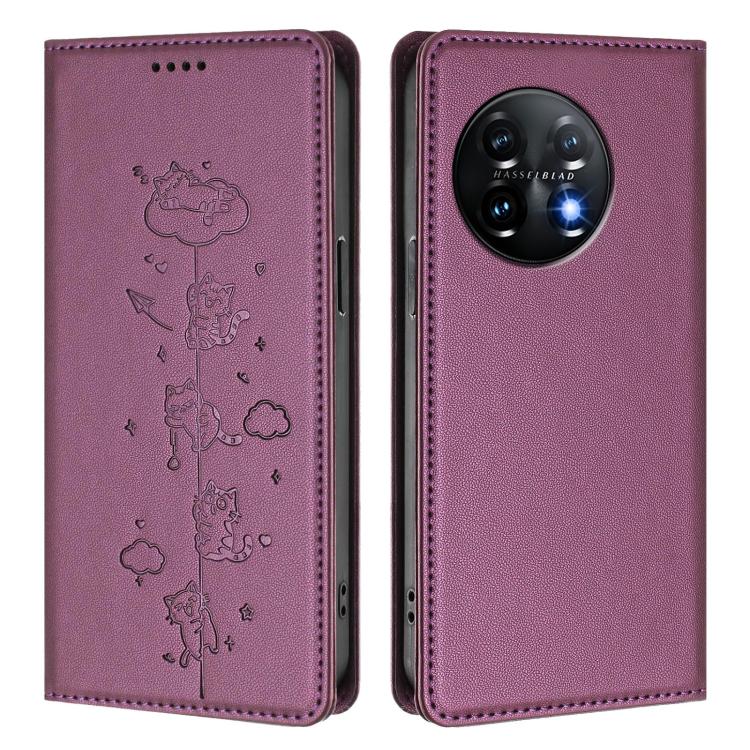 For OnePlus 11 Cute Cats Embossed Magnetic RFID Vegan Leather Phone Case