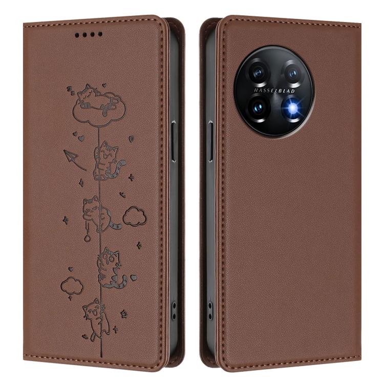 For OnePlus 11 Cute Cats Embossed Magnetic RFID Vegan Leather Phone Case