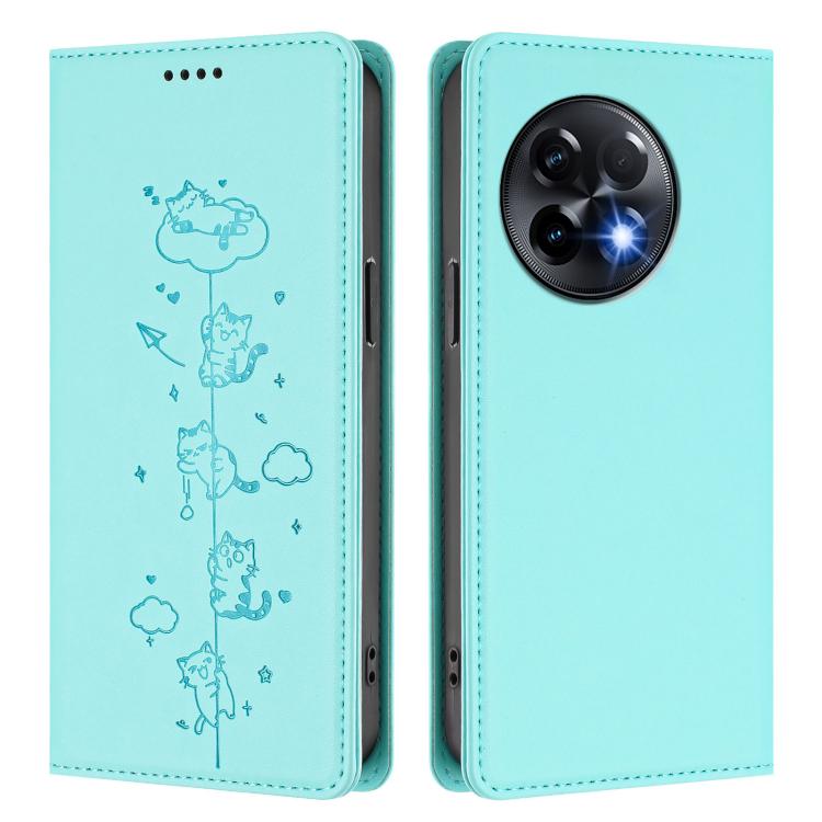 For OnePlus 11R / Ace 2 Cute Cats Embossed Magnetic RFID Vegan Leather Phone Case