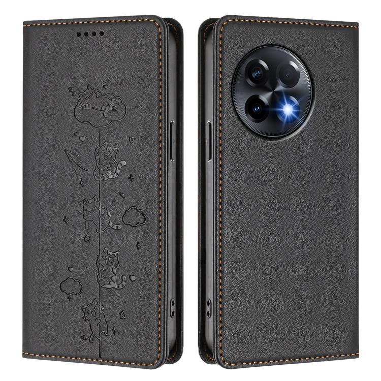 For OnePlus 11R / Ace 2 Cute Cats Embossed Magnetic RFID Vegan Leather Phone Case