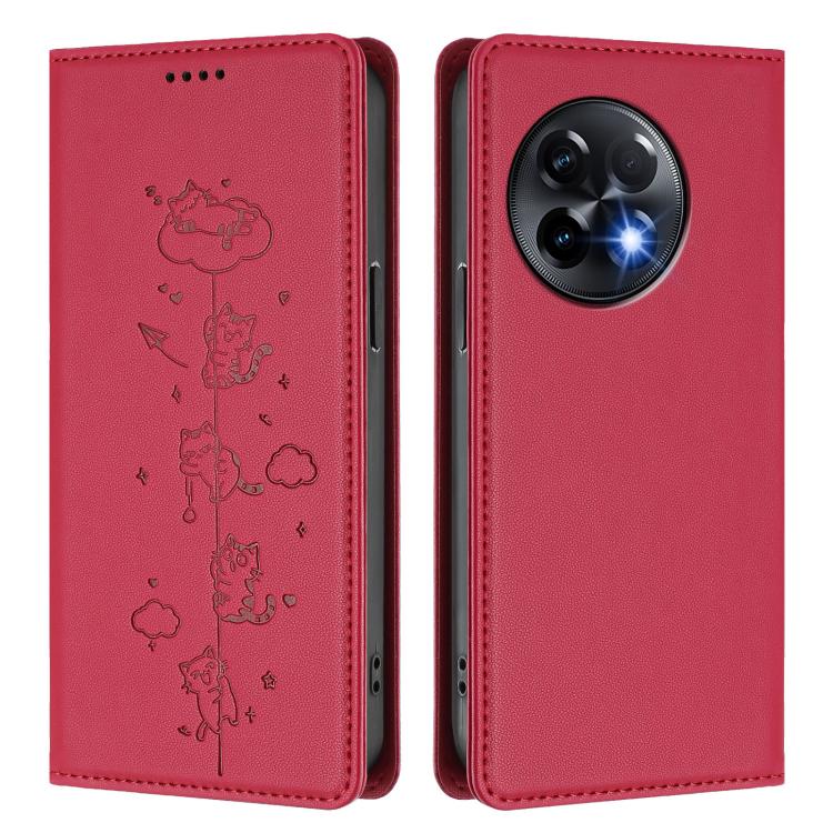 For OnePlus 11R / Ace 2 Cute Cats Embossed Magnetic RFID Vegan Leather Phone Case