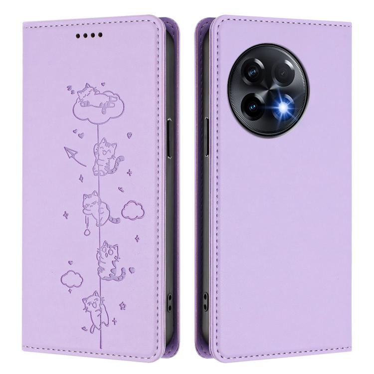 For OnePlus 11R / Ace 2 Cute Cats Embossed Magnetic RFID Vegan Leather Phone Case