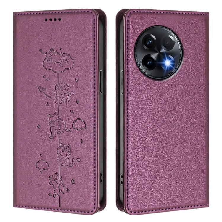 For OnePlus 11R / Ace 2 Cute Cats Embossed Magnetic RFID Vegan Leather Phone Case