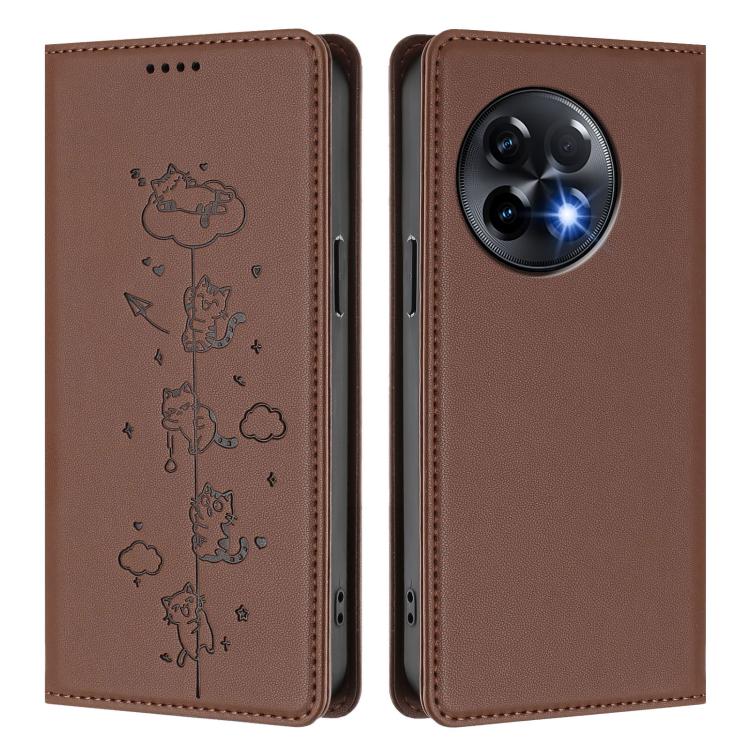 For OnePlus 11R / Ace 2 Cute Cats Embossed Magnetic RFID Vegan Leather Phone Case