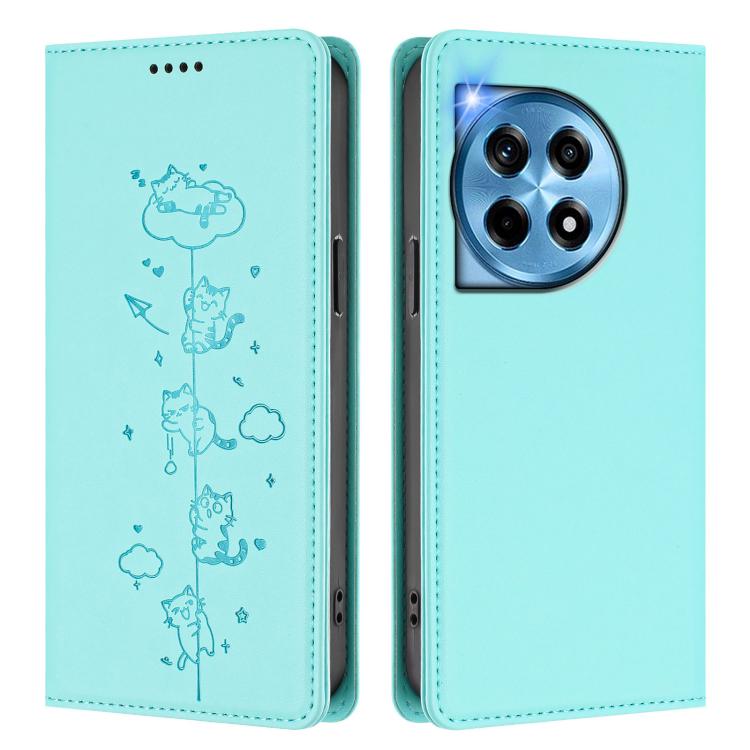 For OnePlus 12 Cute Cats Embossed Magnetic RFID Vegan Leather Phone Case