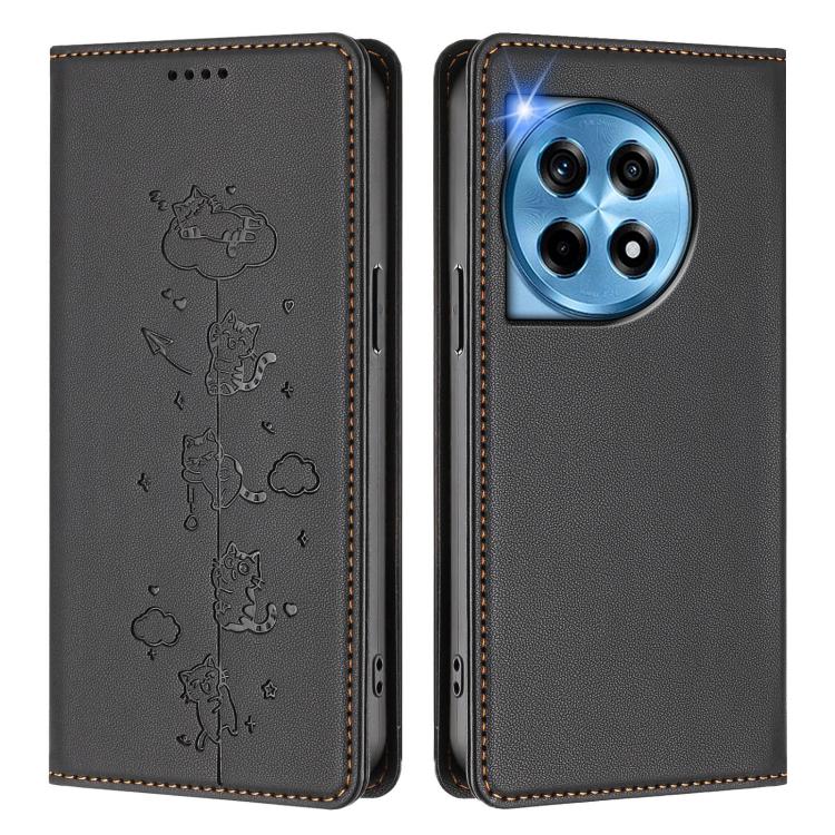 For OnePlus 12 Cute Cats Embossed Magnetic RFID Vegan Leather Phone Case