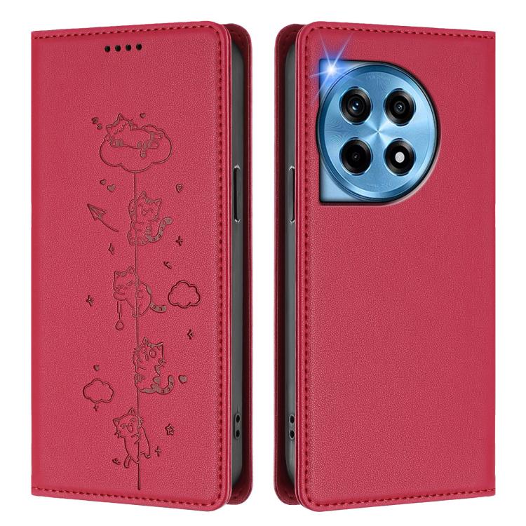 For OnePlus 12 Cute Cats Embossed Magnetic RFID Vegan Leather Phone Case