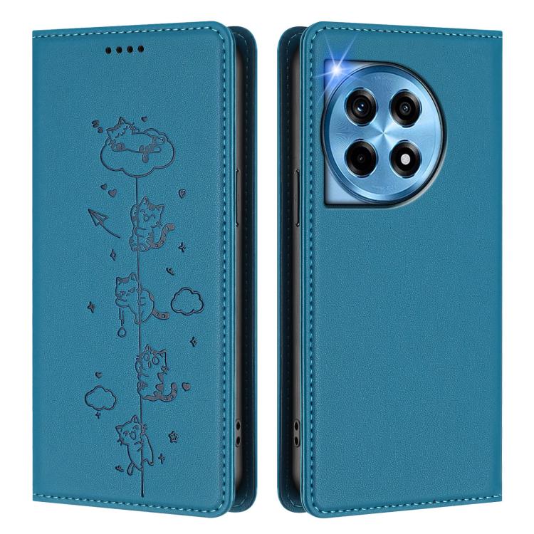 For OnePlus 12 Cute Cats Embossed Magnetic RFID Vegan Leather Phone Case