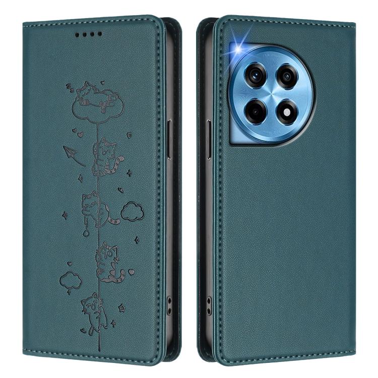 For OnePlus 12 Cute Cats Embossed Magnetic RFID Vegan Leather Phone Case
