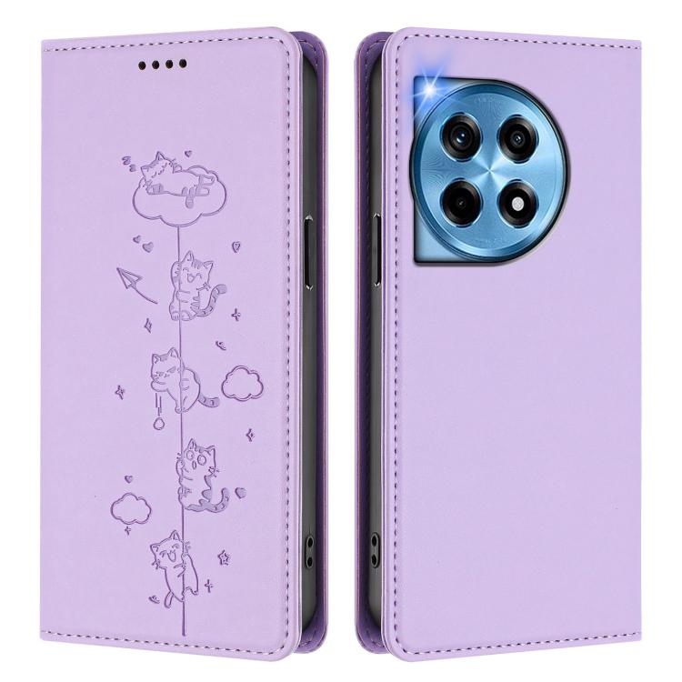 For OnePlus 12 Cute Cats Embossed Magnetic RFID Vegan Leather Phone Case