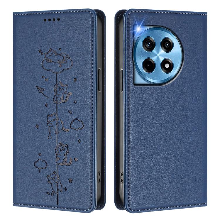 For OnePlus 12 Cute Cats Embossed Magnetic RFID Vegan Leather Phone Case