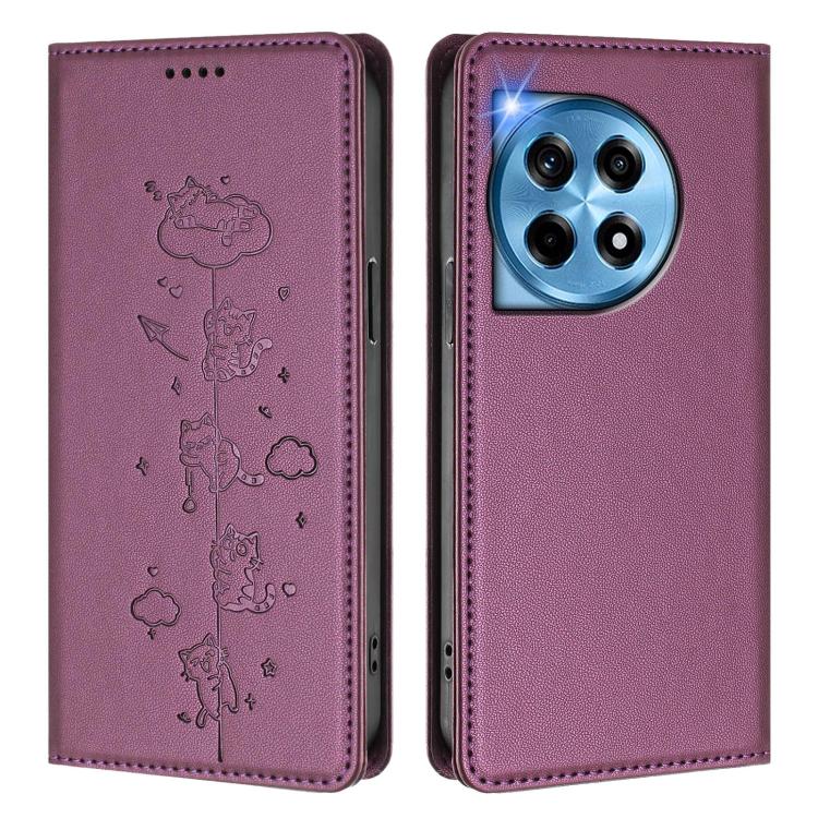 For OnePlus 12 Cute Cats Embossed Magnetic RFID Vegan Leather Phone Case