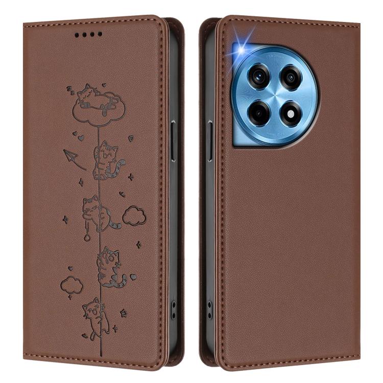 For OnePlus 12 Cute Cats Embossed Magnetic RFID Vegan Leather Phone Case