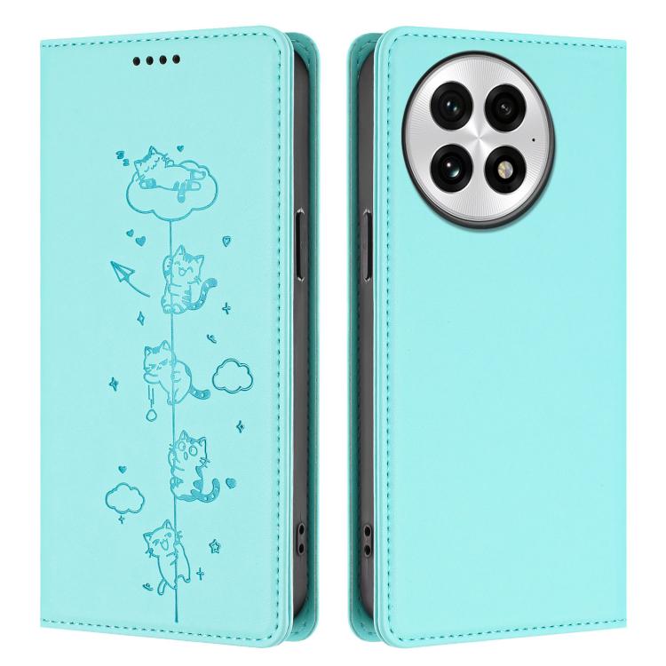 For OnePlus 13 Cute Cats Embossed Magnetic RFID Vegan Leather Phone Case