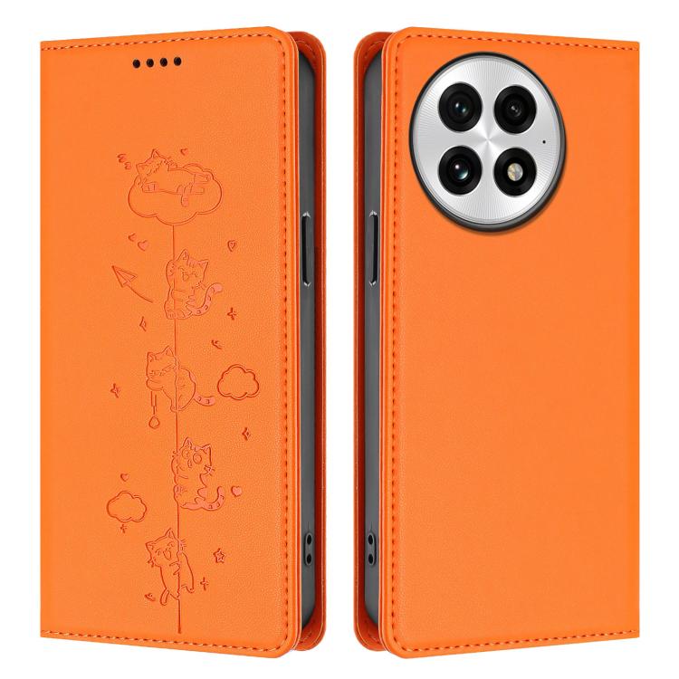 For OnePlus 13 Cute Cats Embossed Magnetic RFID Vegan Leather Phone Case