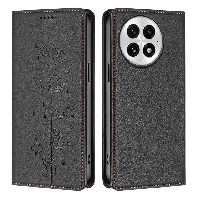 For OnePlus 13 Cute Cats Embossed Magnetic RFID Vegan Leather Phone Case