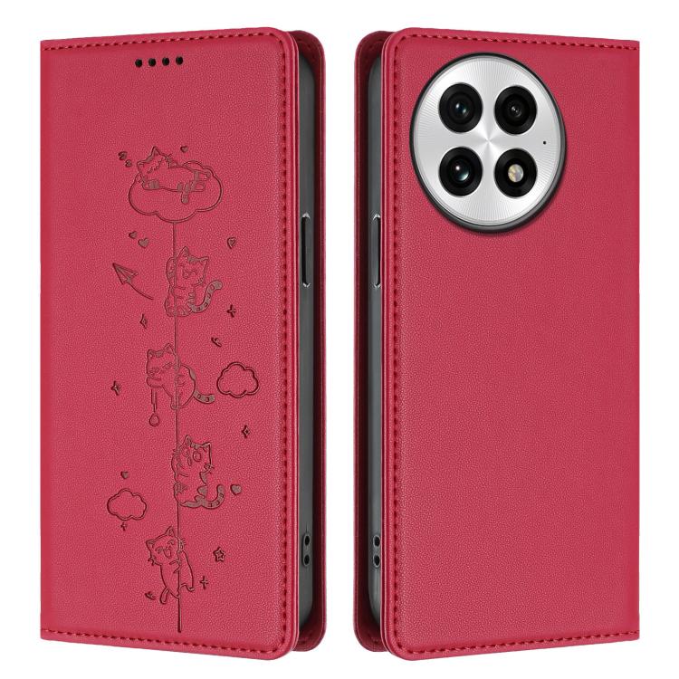 For OnePlus 13 Cute Cats Embossed Magnetic RFID Vegan Leather Phone Case