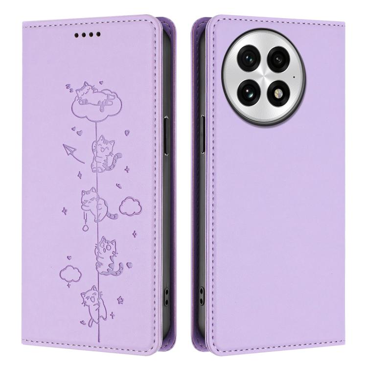For OnePlus 13 Cute Cats Embossed Magnetic RFID Vegan Leather Phone Case