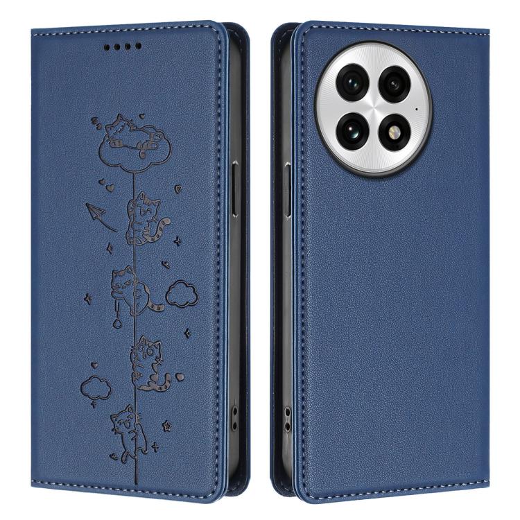 For OnePlus 13 Cute Cats Embossed Magnetic RFID Vegan Leather Phone Case
