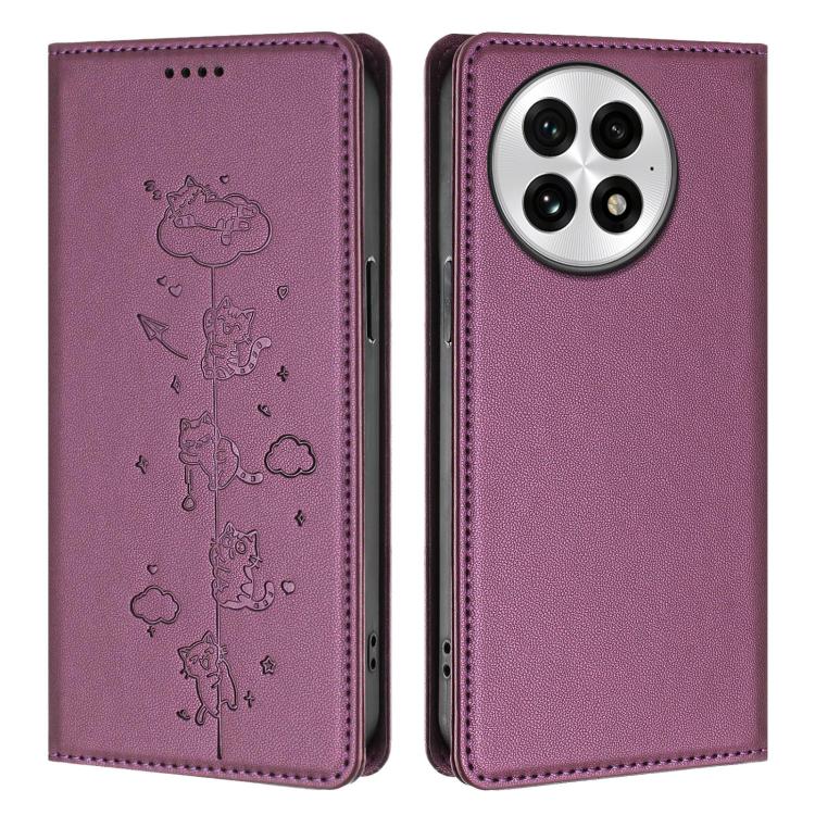For OnePlus 13 Cute Cats Embossed Magnetic RFID Vegan Leather Phone Case