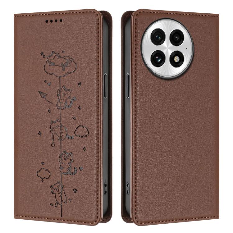 For OnePlus 13 Cute Cats Embossed Magnetic RFID Vegan Leather Phone Case