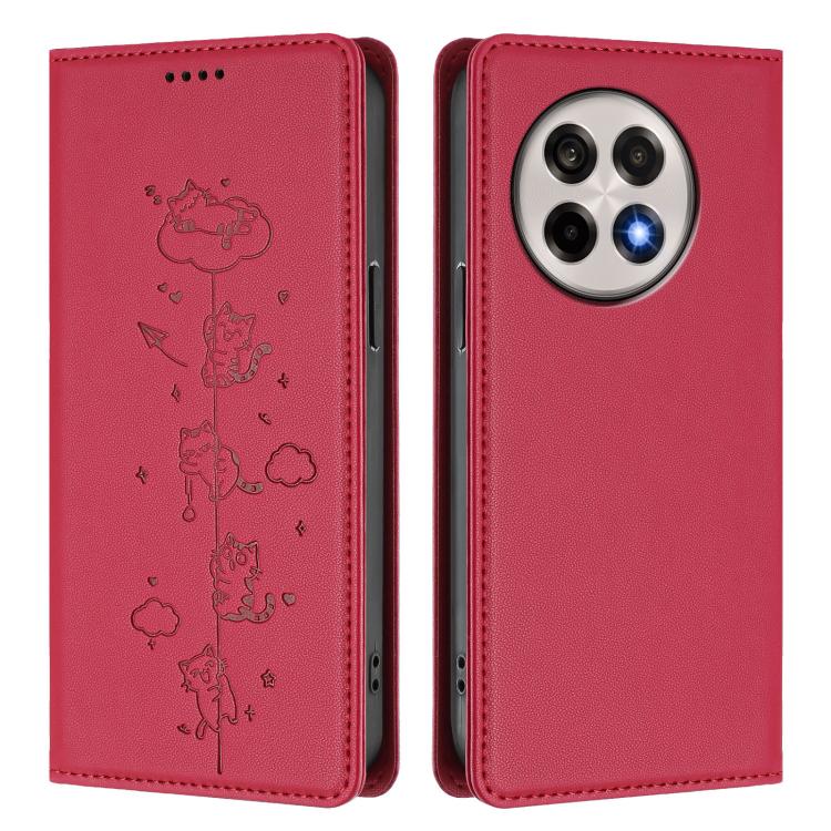 For OnePlus 13R / Ace 5 / Ace 5 Pro Cute Cats Embossed Magnetic RFID Vegan Leather Phone Case