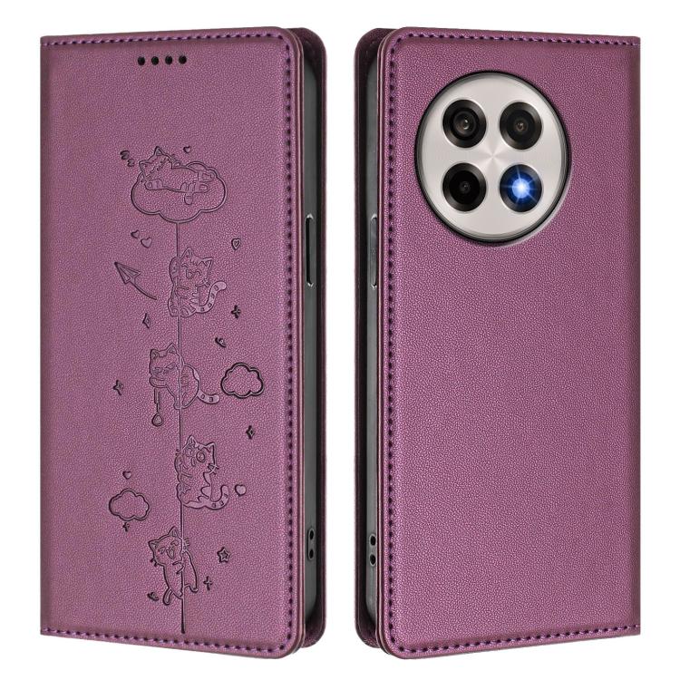 For OnePlus 13R / Ace 5 / Ace 5 Pro Cute Cats Embossed Magnetic RFID Vegan Leather Phone Case