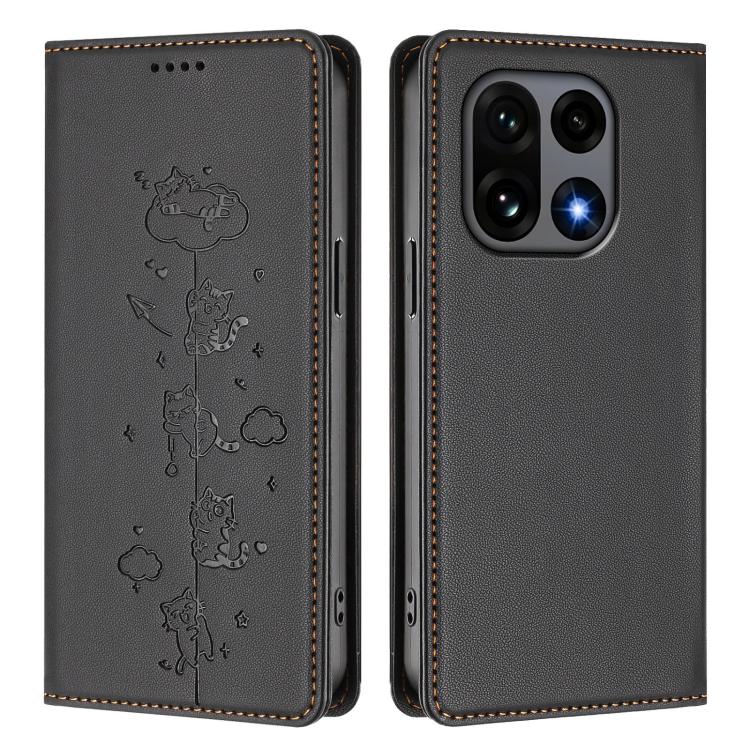 For OnePlus 15 Cute Cats Embossed Magnetic RFID Vegan Leather Phone Case