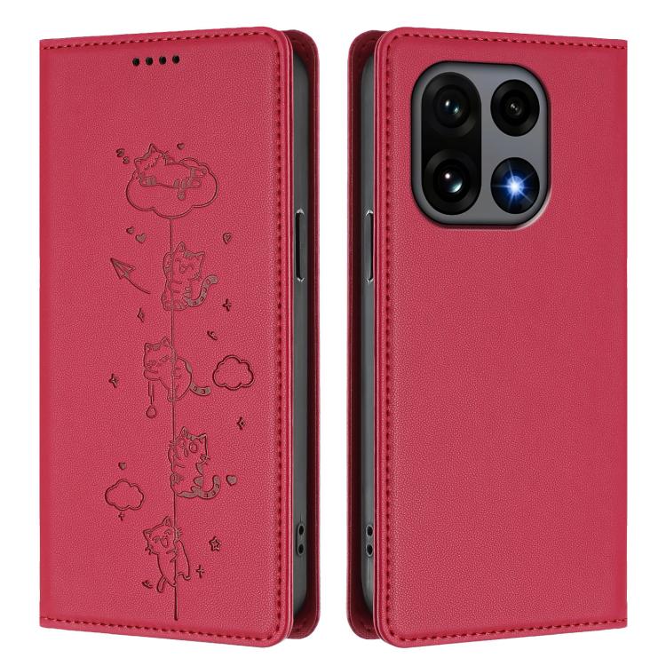 For OnePlus 15 Cute Cats Embossed Magnetic RFID Vegan Leather Phone Case